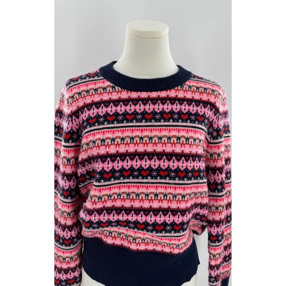 J Crew Fair Ise Sweater Navy Pink Heart Stripe Wool Knit Pullover M - Picture 4 of 9
